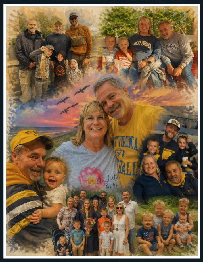 A collage of Tom Midkiff's family across the years